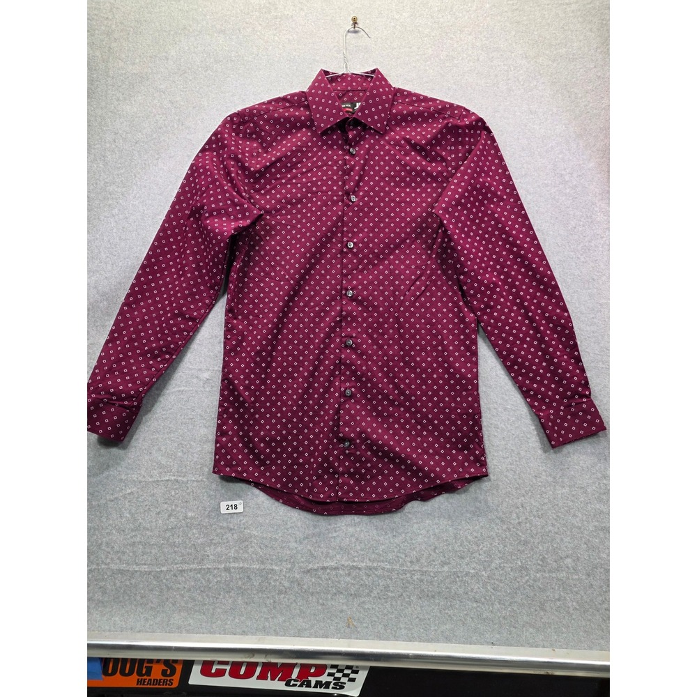 J Ferrar Slim Fit Stretch Button Down Shirt Burgundy‎ Geometric Diamond Print
